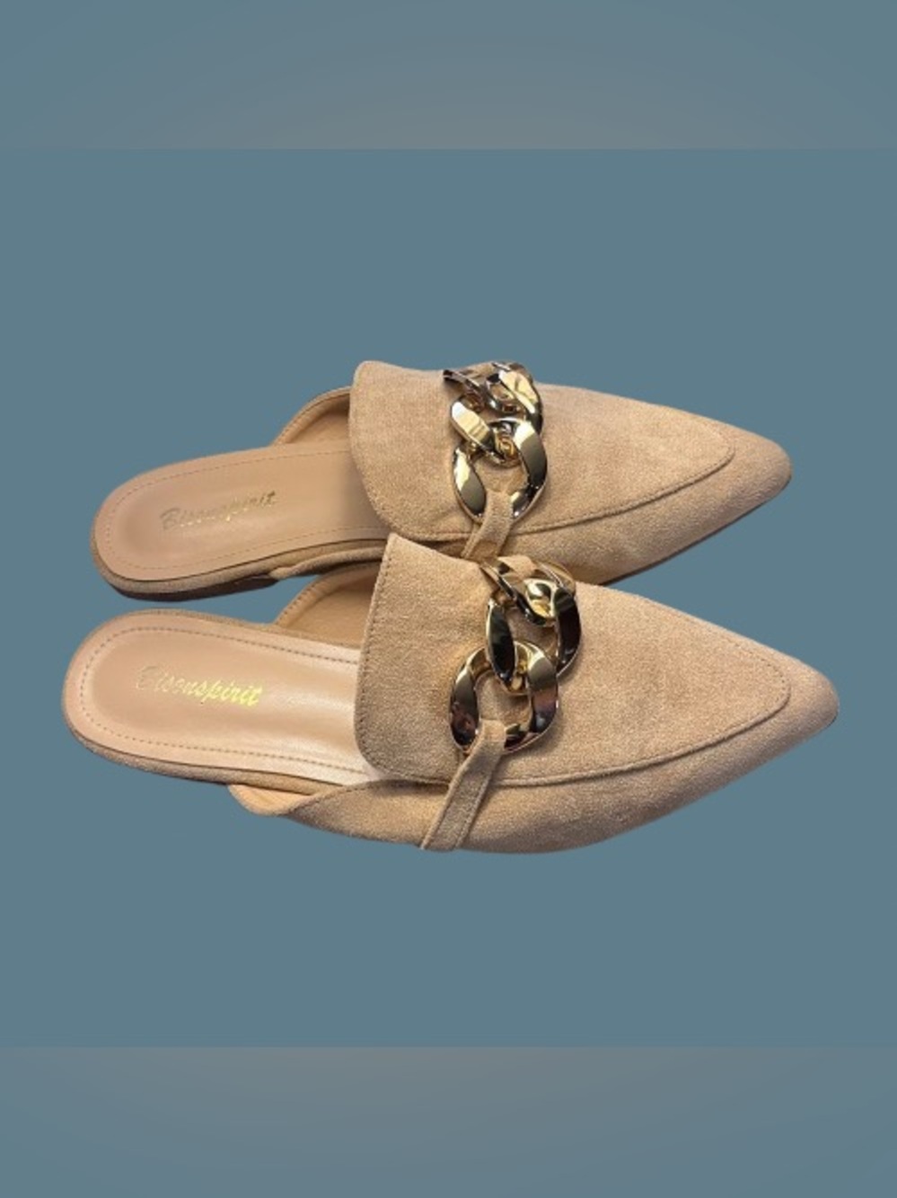Spirit Beige Suede Pointed Backless Mules with Gold Chain Accent